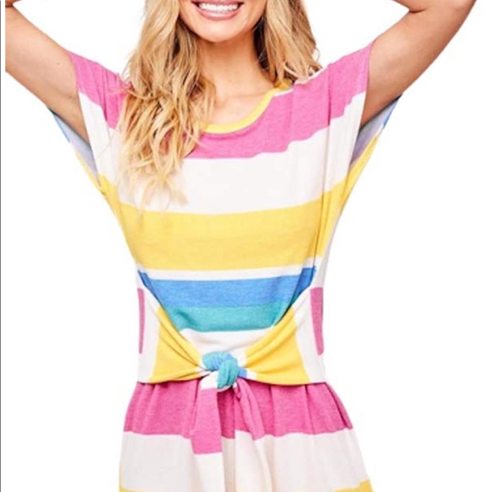 THFB Multi Stripe Short Sleeve Belted Dress